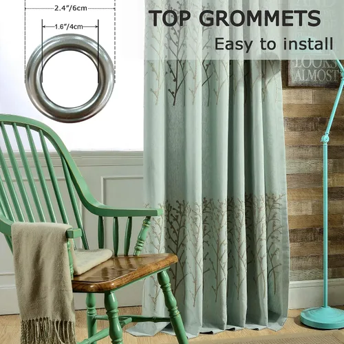 Vista 5 de VOGOL - Cortinas de 2 paneles con ramas bordadas de lino sintético con ojales, cortinas para dormitorio/sala de estar, paneles de tratamiento