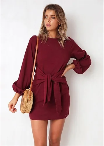 Vista 3 de PRETTYGARDEN - Vestido corto y elegante de fiesta para mujer, con cuello redondo, manga farol, tejido de punto y para atar en la cintura