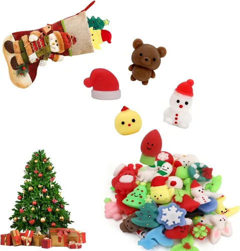 Vista 7 de Paquete de 50 juguetes esponjosos de Navidad Mochi para fiestas, mini juguetes esponjosos, lindos juguetes para apretar, alivio del estrés, paquetes