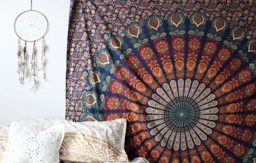 Vista 6 de raajsee - Tapiz azul y naranja con mandala - Mejor colgante de pared con mandala - Tapiz para la cama para dormitorio estético - Tamaño póster