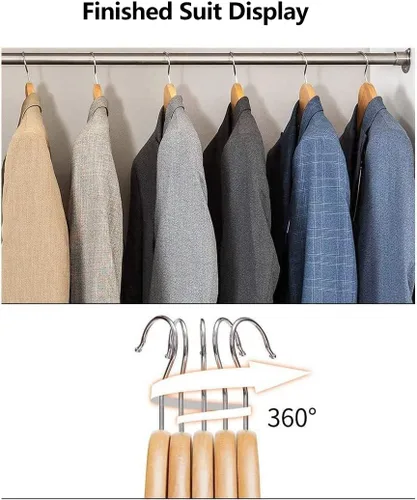 Vista 3 de Paquete de 12 perchas de madera de hombro ancho, perchas para trajes con barra antideslizante para pantalones, acabado liso, gancho giratorio