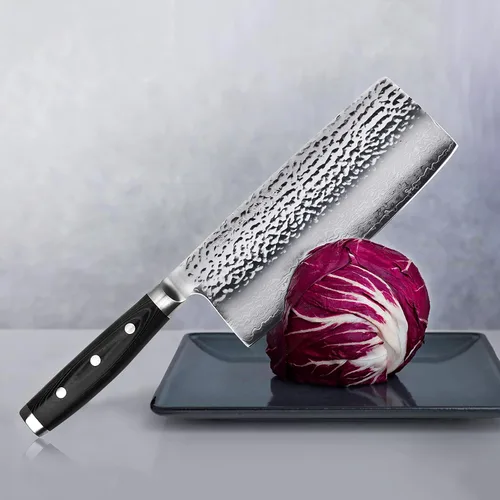 Vista 2 de Enso Cuchillo de chef chino de acero inoxidable de Damasco martillado VG10 de 7 pulgadas, fabricado en Japón