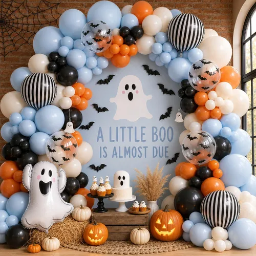 Vista 14 de Jobkoo Kit de guirnalda de arco de globos de Halloween, globos de confeti negro, morado, naranja, globos de confeti de Halloween, cumpleaños, baby