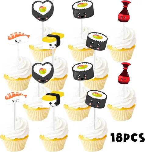 Vista 3 de Decoración para cupcakes de postre de sushi con purpurina, suministros de decoración para baby shower, decoración de fiesta japonesa para niños