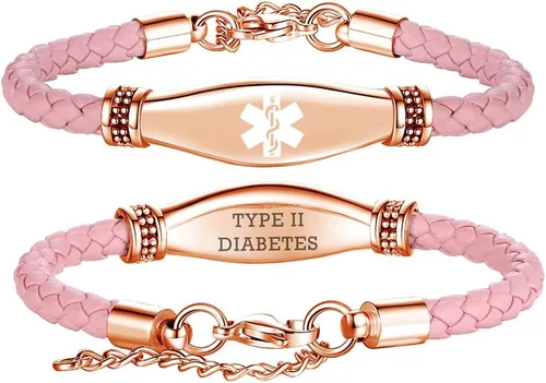 Vista 16 de LinnaLove Rose gold Medical Alert Bracelet for Women, Elegant Braided Pink Leather ID Jewelry, Adjustable Extension Fits 6.5"-8" Wrists