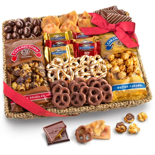 Vista 5 de A Gift Inside Gran Cesta de Regalo de Cumpleaños de Chocolate Caramelo y Crujiente con Aperitivos, Pretzels, Ghirardelli y Nueces Cubiertas