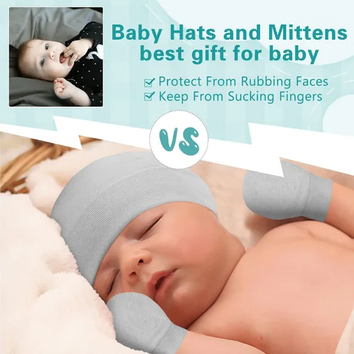Vista 2 de Zando Gorros y manoplas unisex para bebés, gorro de hospital para recién nacidos, con guantes antiarañazos, conjunto para bebés y niños