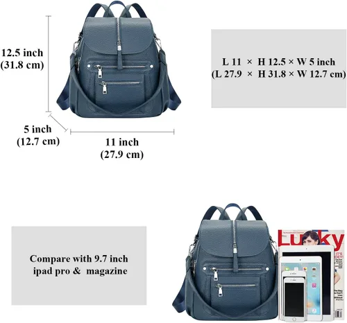 Vista 5 de ALTOSY Mochila de cuero para mujer, bolso casual de moda con múltiples bolsillos y solapa, Azul índigo, Viajar