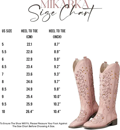 Vista 6 de mikarka Botas vaqueras para mujer, con tachuelas bordadas, botas vaqueras de media pantorrilla, botas occidentales de meter, punta cuadrada, tacón