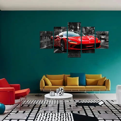 Vista 5 de Póster de pared en blanco y negro, 5 piezas, diseño de automóvil deportivo rojo grande, lienzo para habitación de niños, dormitorio, sala de estar