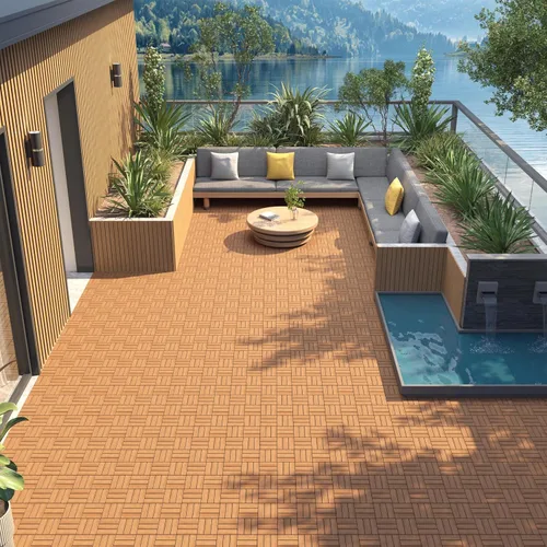 Vista 2 de Yaheetech 27 piezas de baldosas de madera dura entrelazadas para terraza de patio Acacia, baldosas de piso de madera impermeables para patio