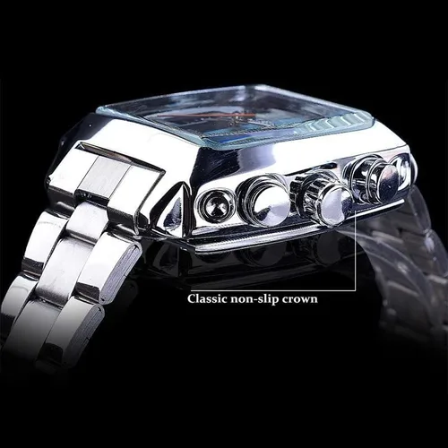 Vista 7 de MASTOP Reloj de pulsera mecánico de moda para hombre, correa de acero inoxidable, diseño único, automático, viento automático, Mecánico