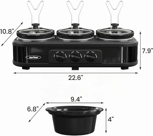 Vista 9 de Sunvivi Olla de Cocción Lenta Triple para Buffet y Calentador, 3 Ollas de Comida Pequeñas Mini Manuales con Temperatura Ajustable, Soportes