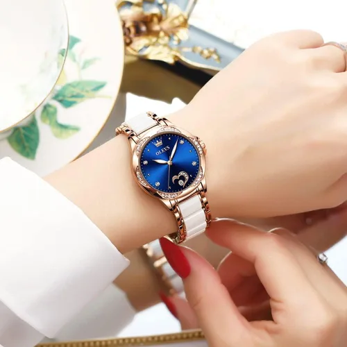 Vista 2 de OLEVS Relojes de oro rosa para mujer relojes automáticos con pulsera de cerámica de acero inoxidable de dos tonos relojes de cuerda automática