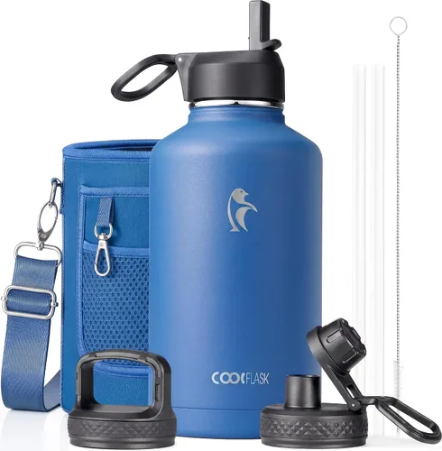 Vista 83 de Coolflask Botella de agua de 20 onzas aislada con pajilla, 3 tapas de metal de acero inoxidable, botella de agua de boca ancha para deportes u