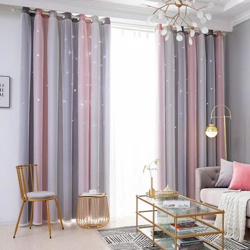 Vista 22 de Loyala Cortinas opacas de doble capa con diseño de estrellas para dormitorio de niños, bonitas, 63 pulgadas de largo, juego de 2 paneles, beige, 42