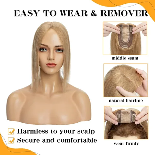 Vista 5 de S-noilite Toppers para el cabello humano real para mujer, sin flequillo, 14 pulgadas, #27 rubio oscuro, base de seda, clip en la parte superior