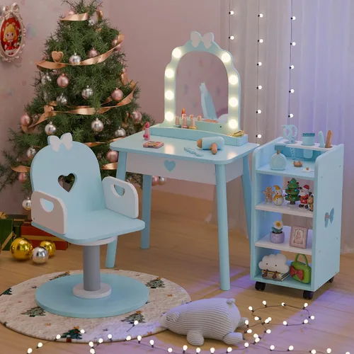 Vista 2 de Juego de tocador azul para niños con luz y silla de barbero, tocador de maquillaje con estante de almacenamiento y juego de peluquería, juego de 7
