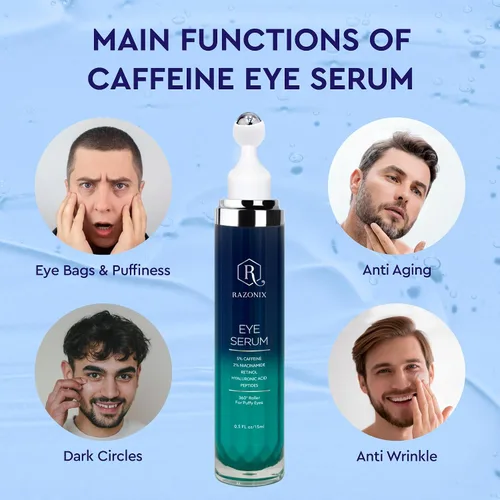 Vista 2 de Tratamiento de bolsas de ojos para hombres y mujeres: crema de ojos con cafeína para ojeras - Rodillo de enfriamiento para reducir la hinchazón