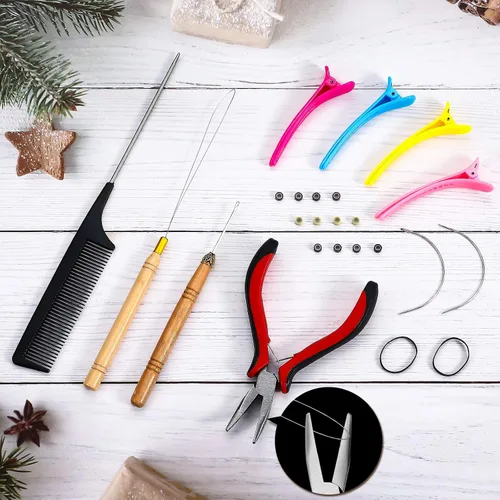 Vista 7 de Chuangdi Kit de herramientas de extensión de cabello: 600 cuentas de micro anillo forradas de silicona, 1 alicates, 1 peine, 2 ganchos, aguja