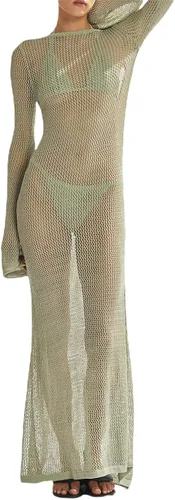Vista 2 de Vestido largo de punto de ganchillo para mujer, vestido largo ajustado de manga larga sin espalda