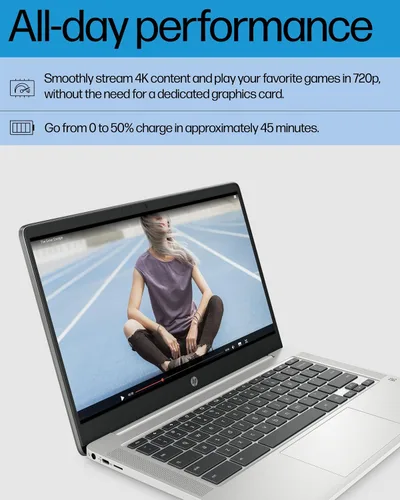 Vista 4 de HP Laptop Chromebook de 14 pulgadas, Intel Celeron N4120, 4 GB de RAM, 64 eMMC, pantalla HD, Chrome OS, gráficos Intel UHD 600, batería de larga