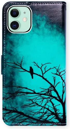 Vista 8 de Bcov - Funda para iPhone 13, funda tipo cartera de cuero verde con diseño de pájaro negro, funda con solapa y soporte con ranura para tarjetas