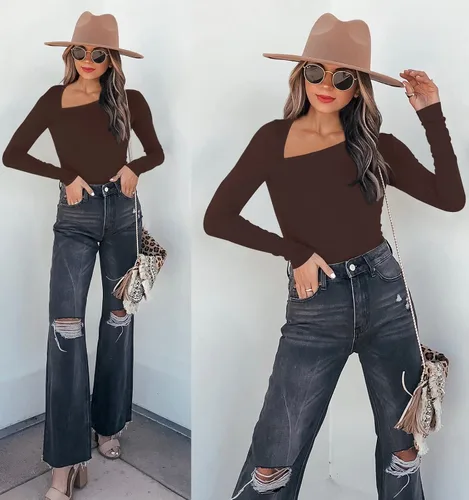 Vista 4 de REORIA Body de manga larga con cuello asimétrico y elegante para mujer