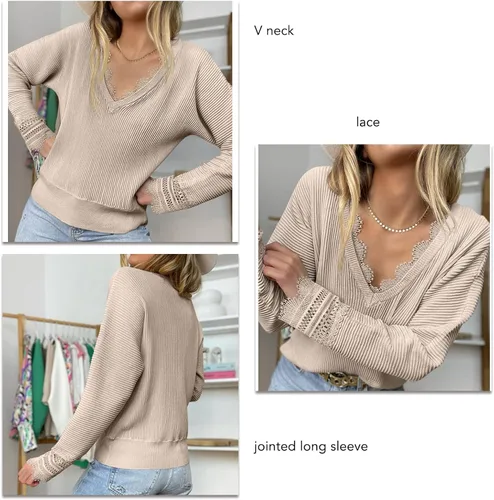 Vista 6 de Blusa de punto de poliéster con cuello en V y manga larga para mujer, suéter de encaje para otoño e invierno