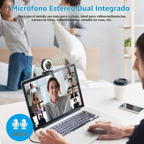 Vista 4 de Cámara web para computadora 1080P con micrófono doble, luz derecha ajustable, cámara web para PC, enfoque automático avanzado con trípode, cámara