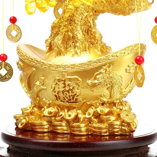 Vista 8 de Árbol del dinero de Feng Shui, árbol de la suerte de cuarzo amarillo, parte inferior con lingote dorado con base de sándalo giratoria, decoración