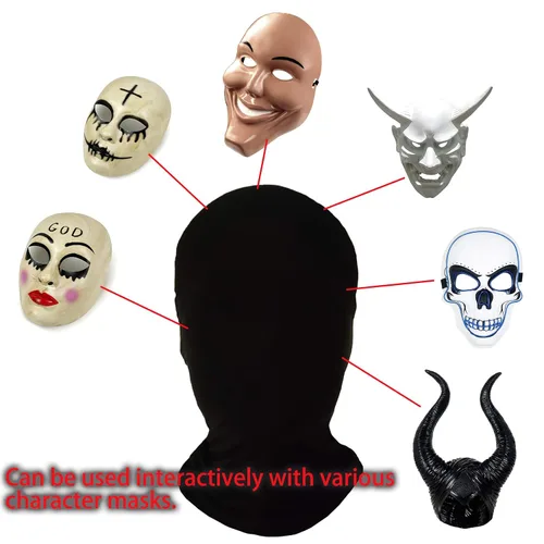 Vista 6 de 2 máscaras de cara completa negras de segunda piel capucha de elastano para Halloween Cosplay para tela unisex