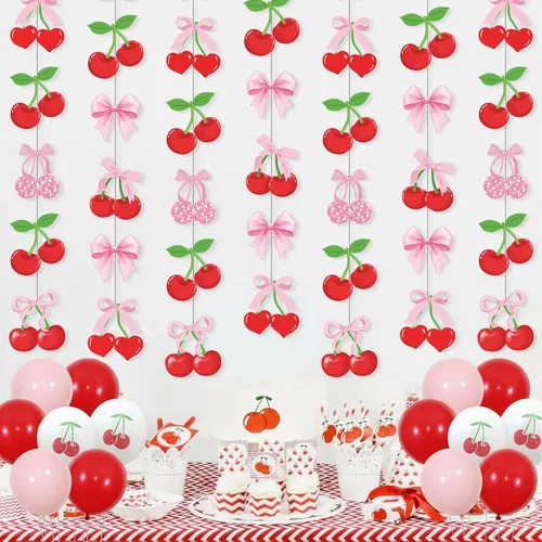 Vista 4 de Xinnun Decoraciones de Fiesta de Cerezas Pancartas Colgantes con Lazo Rosa Guirnalda Cerezas Decoraciones de Baby Shower Recortes Cintas Serpentinas