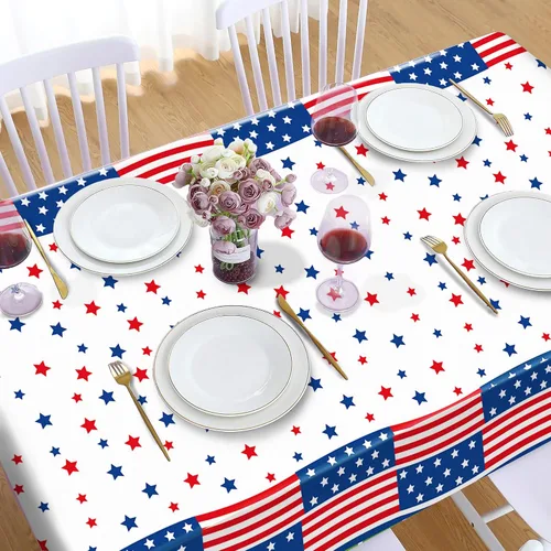 Vista 7 de 1 paquete de mantel de plástico con diseño de bandera americana del 4 de julio para fiesta, 54 x 87 pulgadas de largo, mantel rectangular para bufé