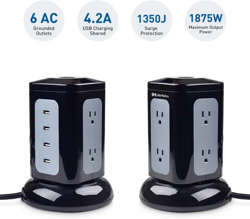 Vista 2 de Cable Matters - Torre de protección contra sobretensiones de 6 salidas, 4 puertos USB, 10 pies Carga total de 4.2 A, cable de alimentación