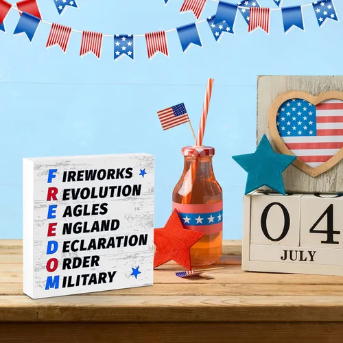 Vista 6 de Letrero patriótico de escritorio con texto en inglés «Happy 4th of July » Fuegos artificiales, Revolución, Águilas, Inglaterra, Declaración