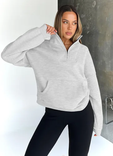 Vista 3 de Trendy Queen - Sudaderas con medio cierrey capucha de gran tamaño, comoda, extragrande, para otoño, Y2K, ropa de invierno, 2024 Gris