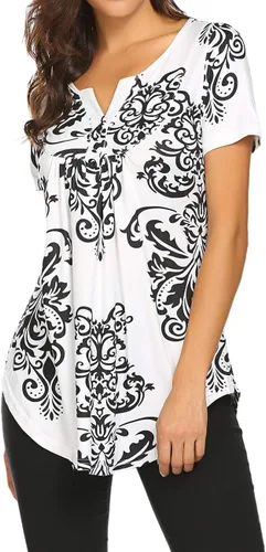 Vista 4 de Blusón plisado de manga corta con estampado floral y cuello Henley en V para mujer, con vuelo.