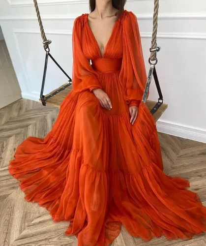 Vista 3 de Vestidos largos de tul con mangas abullonadas para mujer, plisados, con cuello en V, vestidos formales de noche