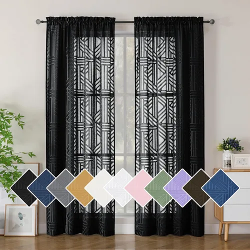 Vista 46 de Simplebrand Cortinas traslúcidas negras de cocina de 24 pulgadas de largo, 2 paneles, filtrado de luz, geométrico jacquard con textura, cortinas