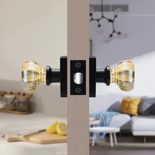 Vista 4 de Pomo de puerta de paso de cristal dorado champán Non-Locking Interior Handle, Matte Black Rosette, Hallway Closet Kids Room, Decorative Hardware