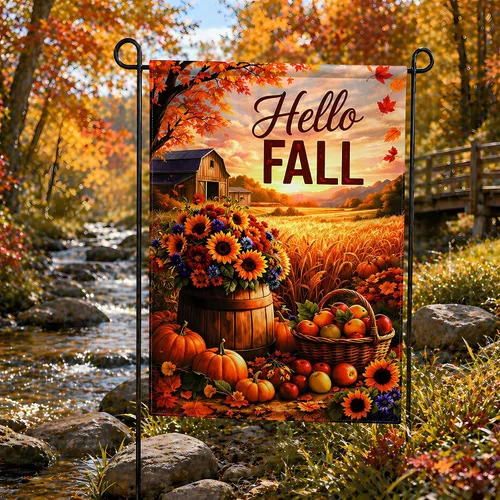Vista 7 de Decoración de otoño – Bandera de jardín de «Hello Fall» Decoración de otoño de doble cara para exteriores, interiores, exteriores y exteriores