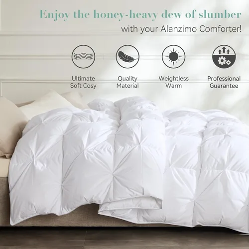 Vista 4 de Alanzimo Edredón de plumas de ganso blanco lujoso para todas las estaciones, inserto de duvet tamaño Queen - Calor medio, ultra suave, potencia