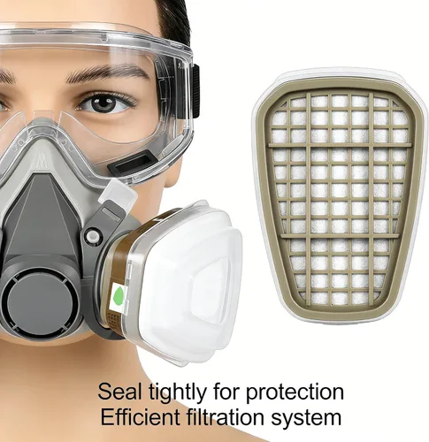 Vista 3 de Kit de respirador reutilizable de media cara con gafas de seguridad antivaho y filtros - Respirador profesional para polvo, pintura y lijado