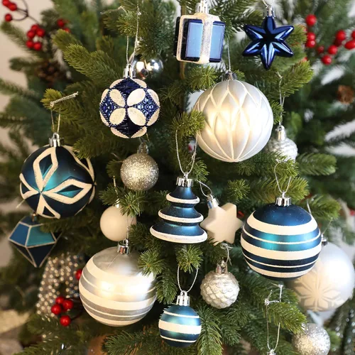 Vista 2 de 100 piezas de juego de adornos de Navidad azul y blanco – Kit de bolas de decoración de árbol de Navidad inastillables con estrella de copa