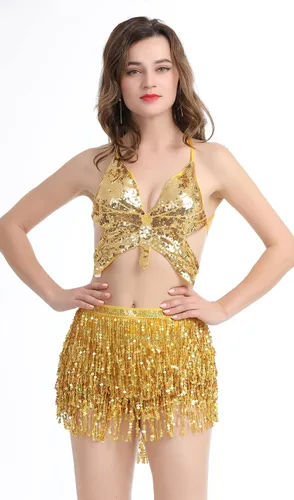 Vista 4 de Disfraz de danza del vientre para mujer, brasier acolchado, bufanda de cadera con flecos de lentejuelas, 2 piezas con borlas, samba latina, traje