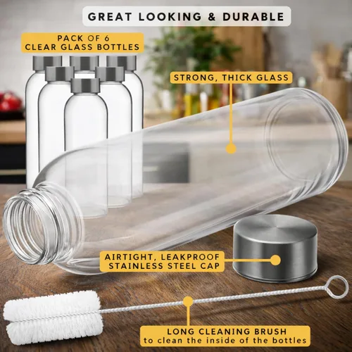 Vista 5 de Brieftons Botellas de agua de vidrio transparente con tapas: paquete de 6, lima de soda premium de 18 onzas, botella de bebida reutilizable, tarro