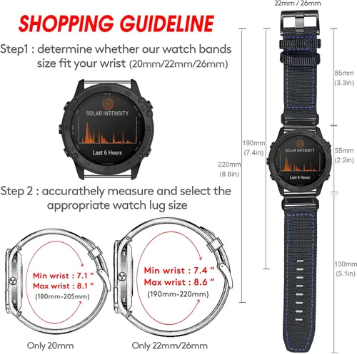Vista 5 de Compatible con Garmin, correa deportiva de nailon para reloj fēnix/Forerunner/Vivoactive/Approach/MARQ/quatix/D2 Series resistente banda de repuesto