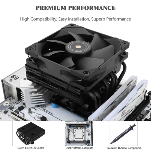 Vista 3 de Thermalright SI-100 Black Enfriador de aire para CPU, tubos de calor de 6×6mm, TL-E12B Ventilador silencioso PWM con rodamiento S-FDB V2.0
