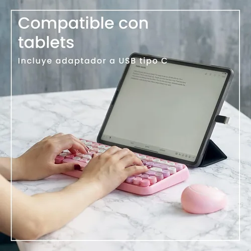 Vista 6 de Perixx PERIDUO-713 ES Conjunto de ratón y Mini Teclado inalámbrico 2.4 GHz - Teclas Retro Redondas - Rosado Pastel - QWERTY